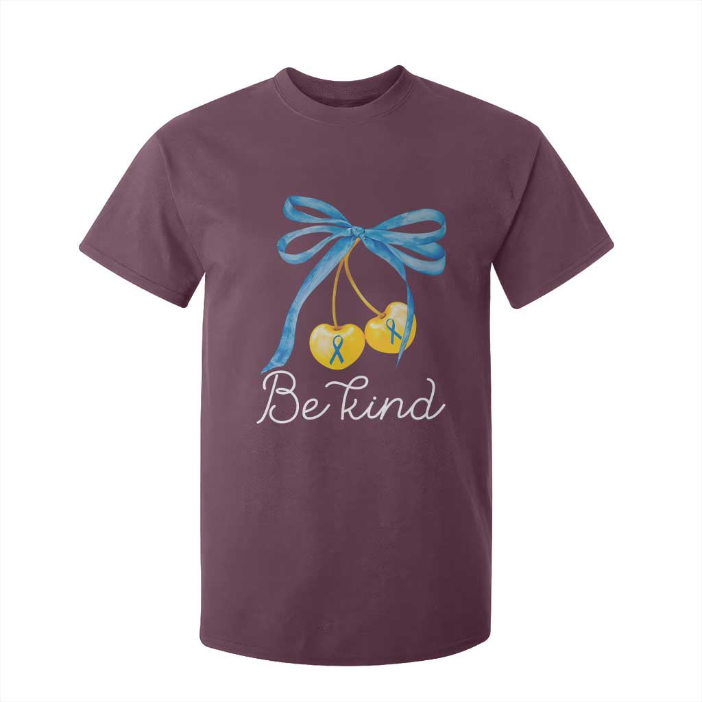 World Down Syndrome Day T Shirt For Kid Blue Yellow Cherry Bow Coquette Be Kind