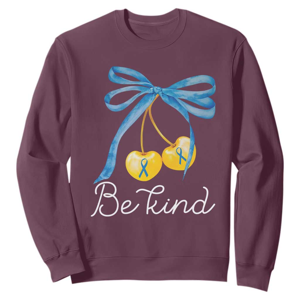 World Down Syndrome Day Sweatshirt Blue Yellow Cherry Bow Coquette Be Kind