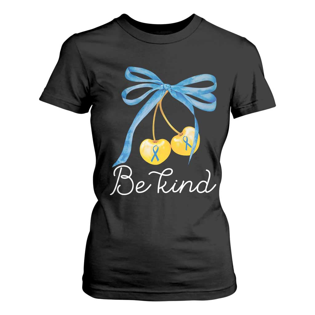 World Down Syndrome Day T Shirt For Women Blue Yellow Cherry Bow Coquette Be Kind