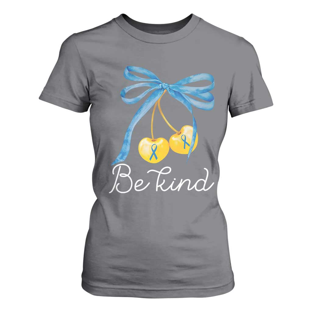 World Down Syndrome Day T Shirt For Women Blue Yellow Cherry Bow Coquette Be Kind