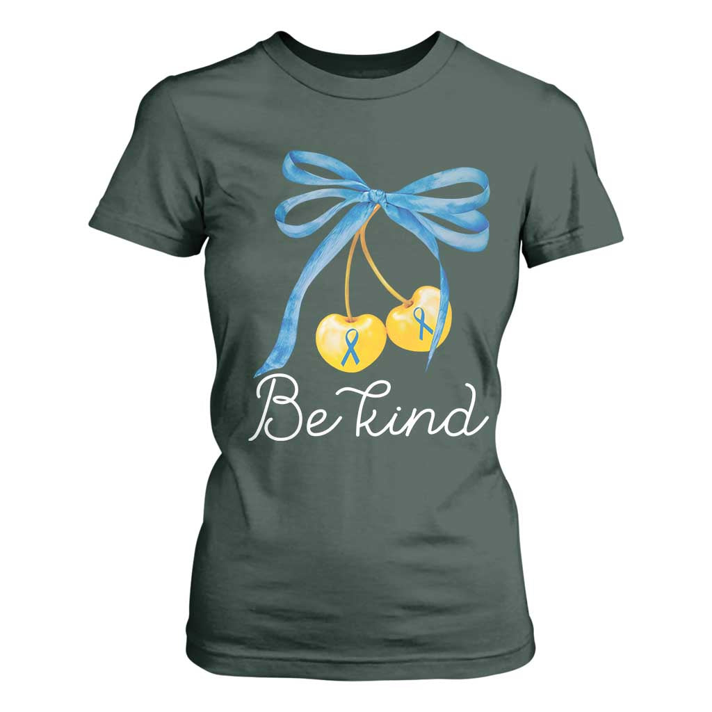 World Down Syndrome Day T Shirt For Women Blue Yellow Cherry Bow Coquette Be Kind