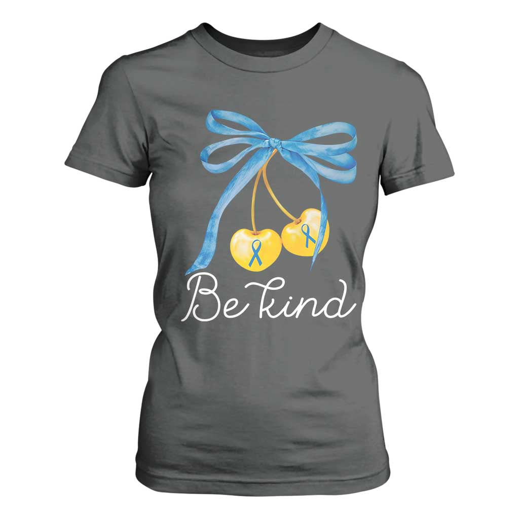 World Down Syndrome Day T Shirt For Women Blue Yellow Cherry Bow Coquette Be Kind