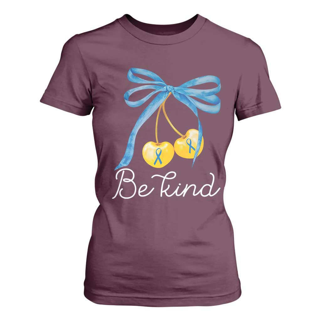 World Down Syndrome Day T Shirt For Women Blue Yellow Cherry Bow Coquette Be Kind