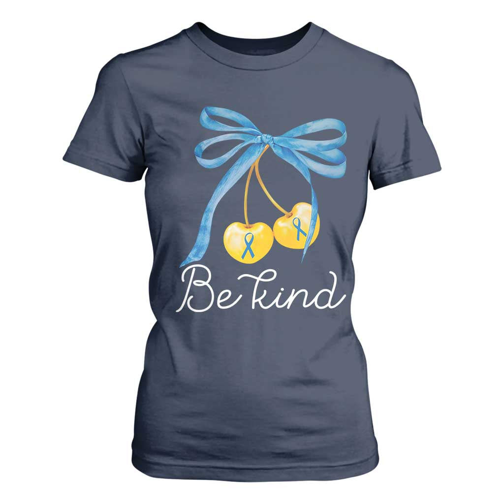 World Down Syndrome Day T Shirt For Women Blue Yellow Cherry Bow Coquette Be Kind