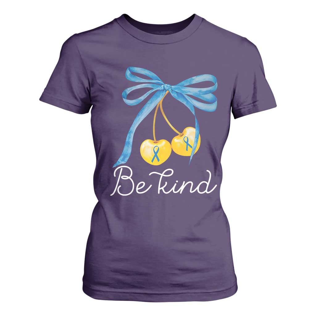 World Down Syndrome Day T Shirt For Women Blue Yellow Cherry Bow Coquette Be Kind
