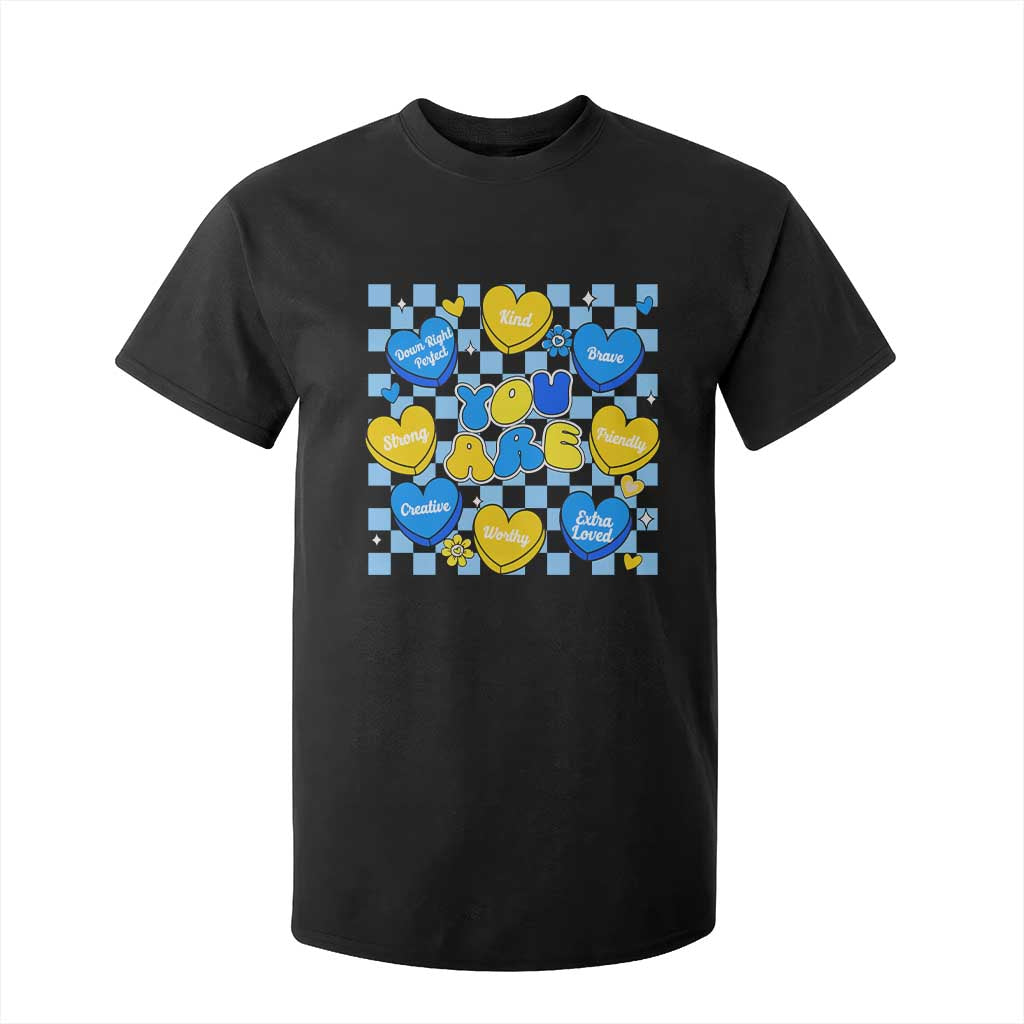World Down Syndrome Day T Shirt For Kid Blue Yellow Ribbon Retro Heart Love