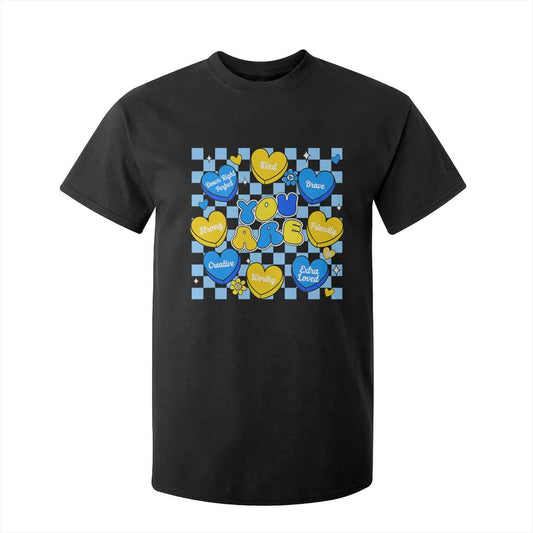 World Down Syndrome Day T Shirt For Kid Blue Yellow Ribbon Retro Heart Love