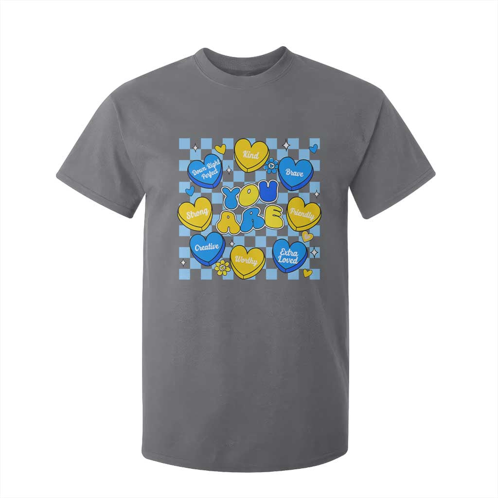 World Down Syndrome Day T Shirt For Kid Blue Yellow Ribbon Retro Heart Love