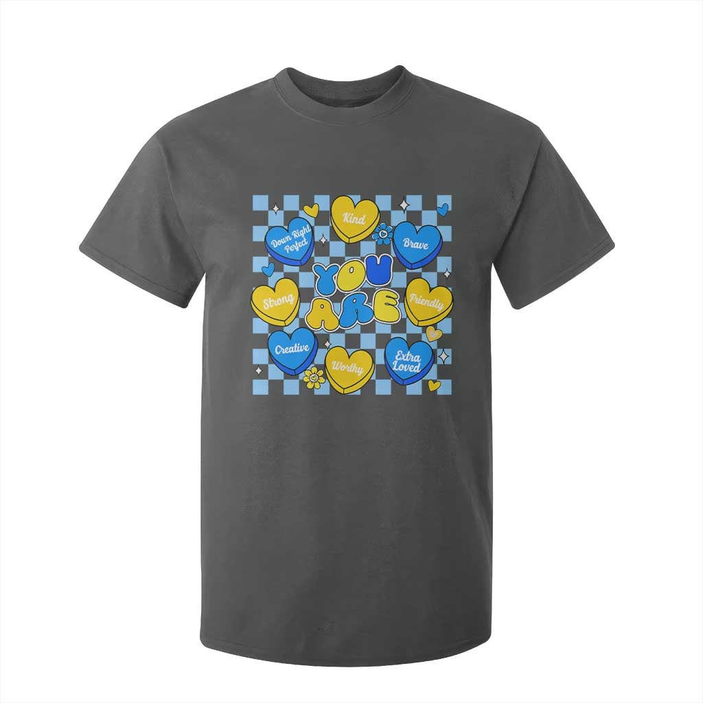 World Down Syndrome Day T Shirt For Kid Blue Yellow Ribbon Retro Heart Love