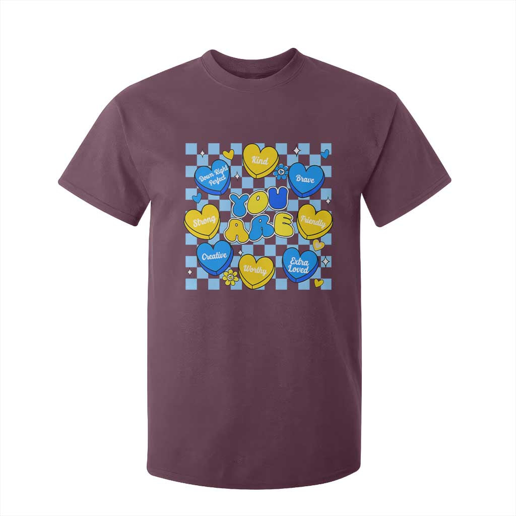 World Down Syndrome Day T Shirt For Kid Blue Yellow Ribbon Retro Heart Love