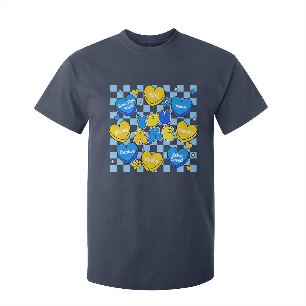 World Down Syndrome Day T Shirt For Kid Blue Yellow Ribbon Retro Heart Love