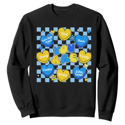 World Down Syndrome Day Sweatshirt Blue Yellow Ribbon Retro Heart Love