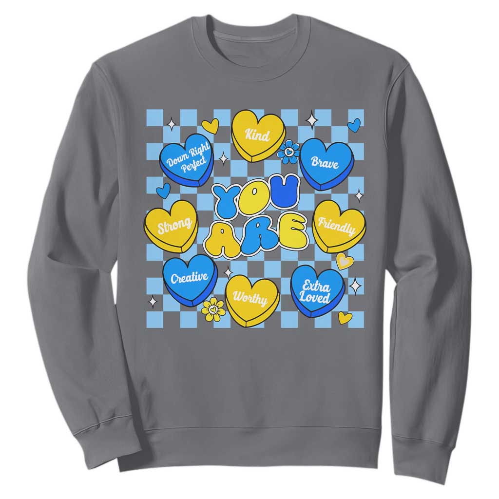 World Down Syndrome Day Sweatshirt Blue Yellow Ribbon Retro Heart Love