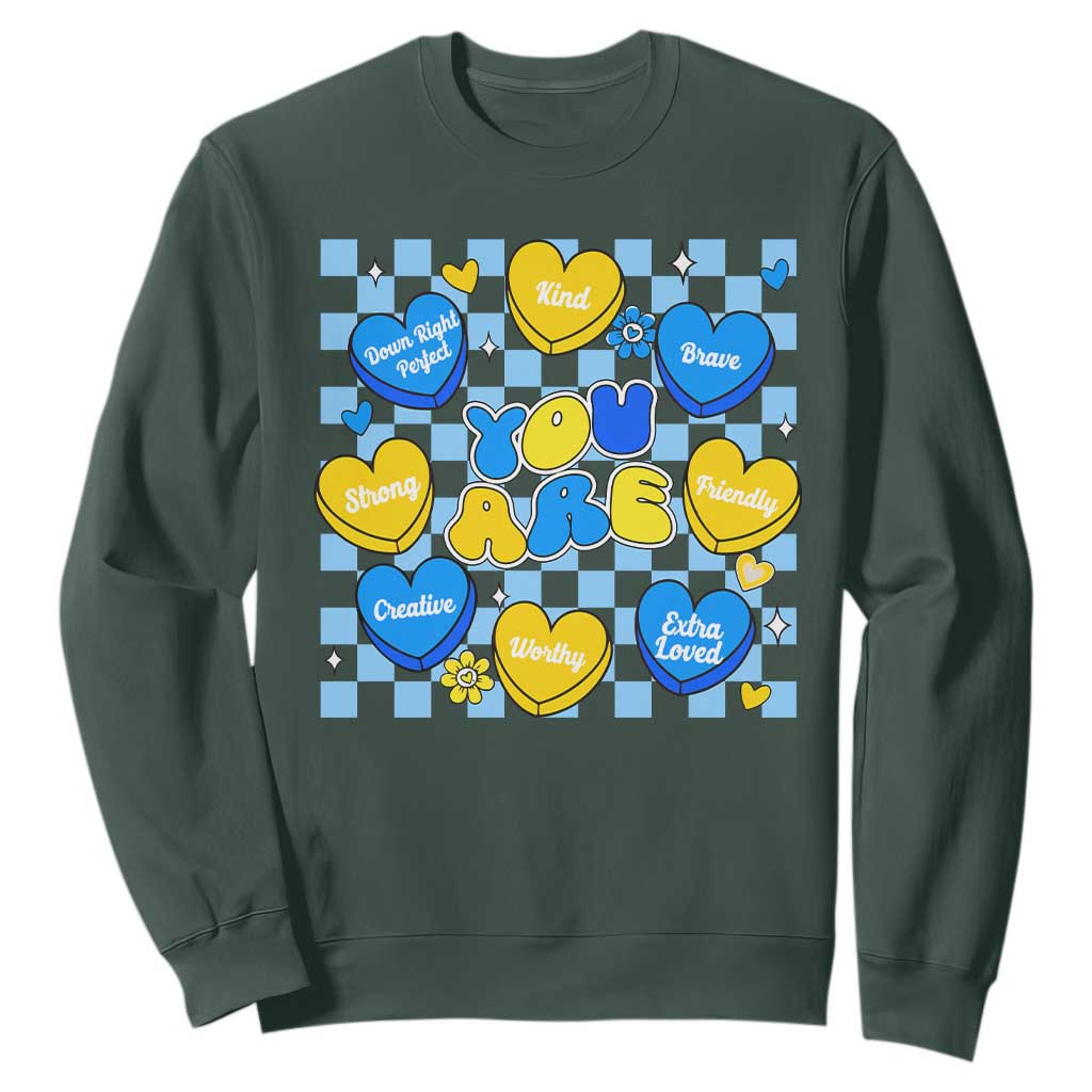 World Down Syndrome Day Sweatshirt Blue Yellow Ribbon Retro Heart Love