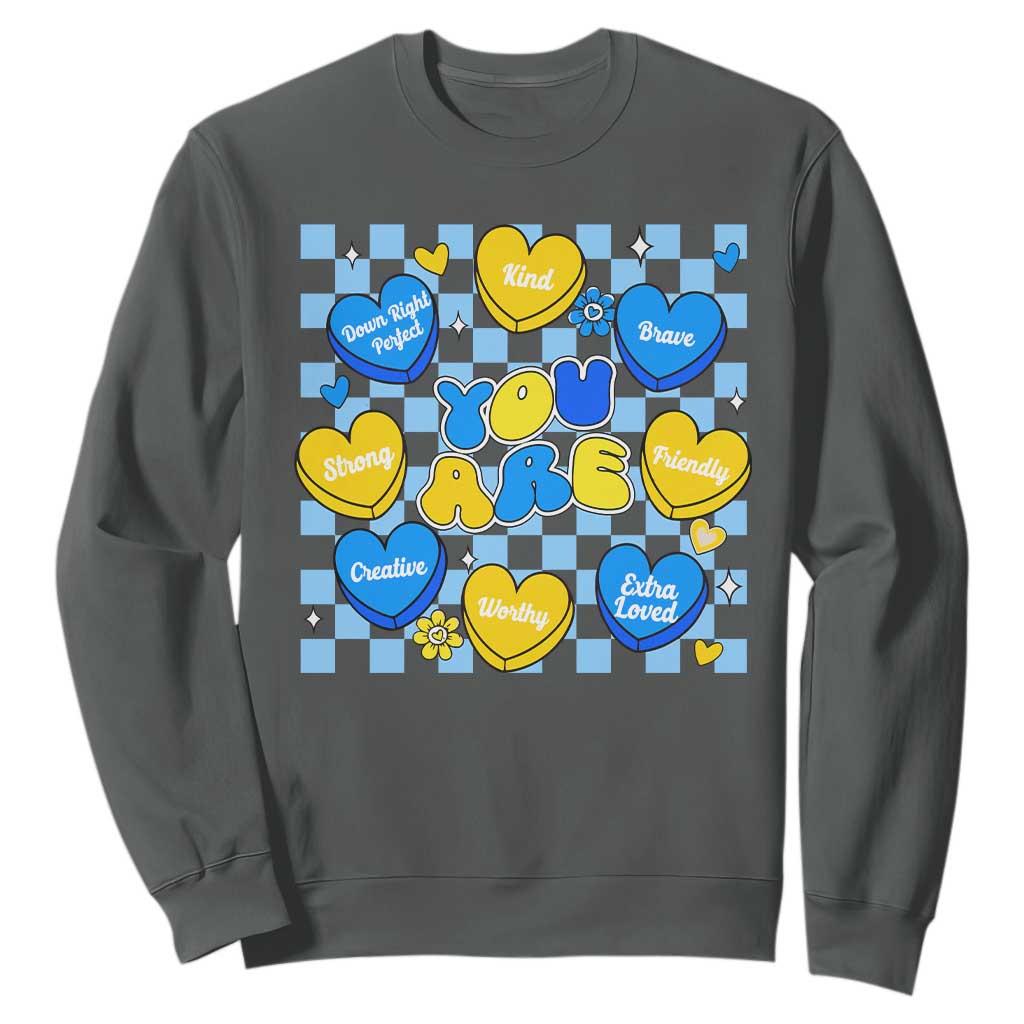 World Down Syndrome Day Sweatshirt Blue Yellow Ribbon Retro Heart Love
