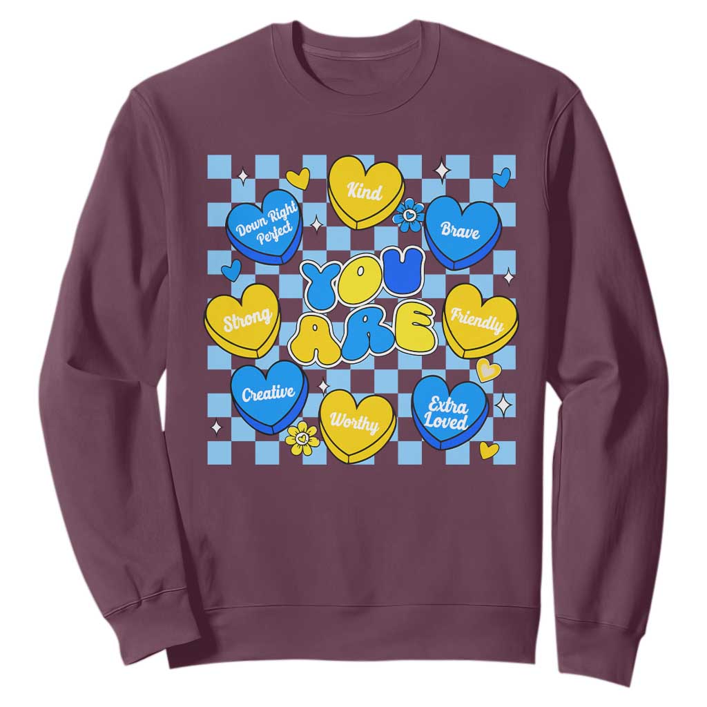 World Down Syndrome Day Sweatshirt Blue Yellow Ribbon Retro Heart Love