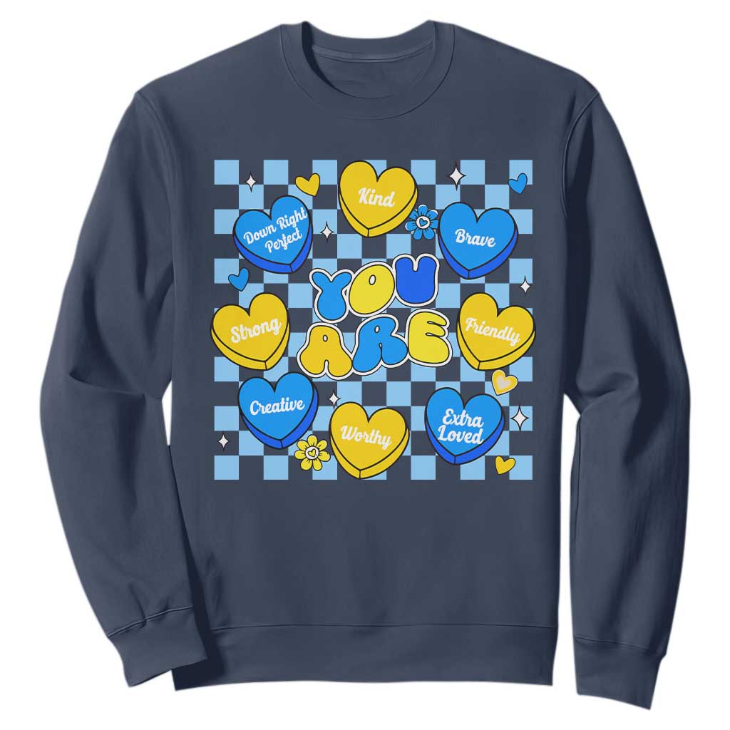 World Down Syndrome Day Sweatshirt Blue Yellow Ribbon Retro Heart Love