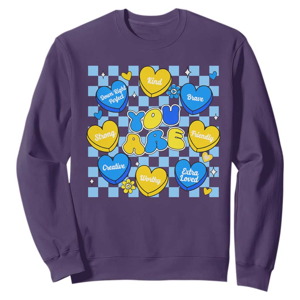 World Down Syndrome Day Sweatshirt Blue Yellow Ribbon Retro Heart Love