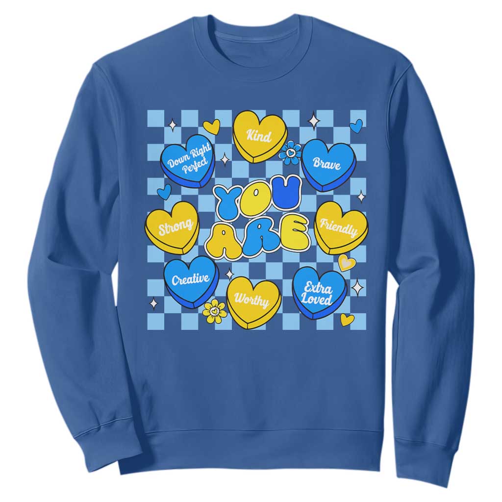 World Down Syndrome Day Sweatshirt Blue Yellow Ribbon Retro Heart Love