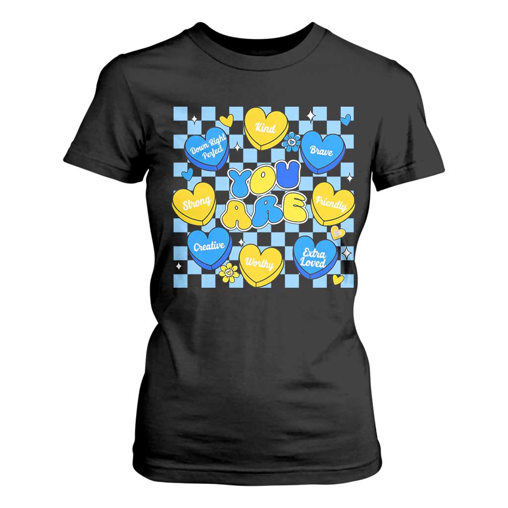 World Down Syndrome Day T Shirt For Women Blue Yellow Ribbon Retro Heart Love