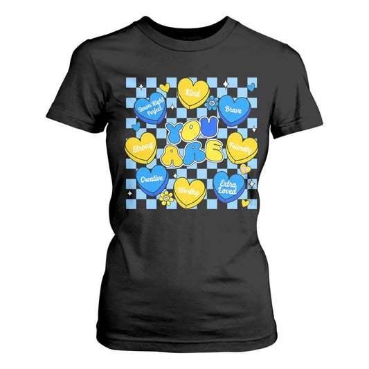 World Down Syndrome Day T Shirt For Women Blue Yellow Ribbon Retro Heart Love