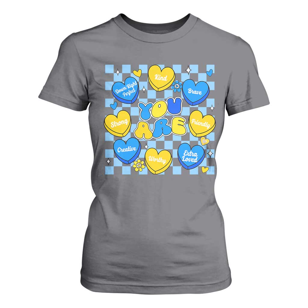World Down Syndrome Day T Shirt For Women Blue Yellow Ribbon Retro Heart Love