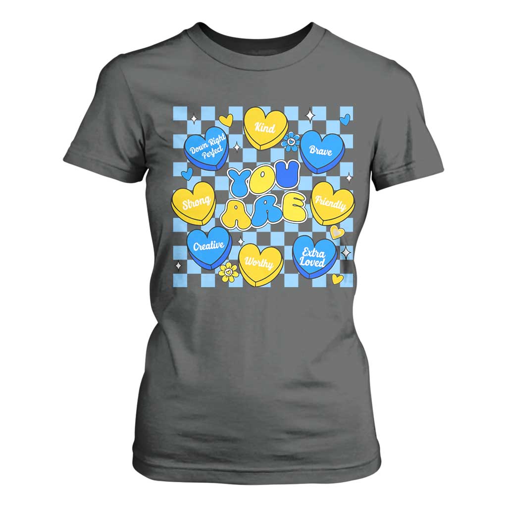 World Down Syndrome Day T Shirt For Women Blue Yellow Ribbon Retro Heart Love