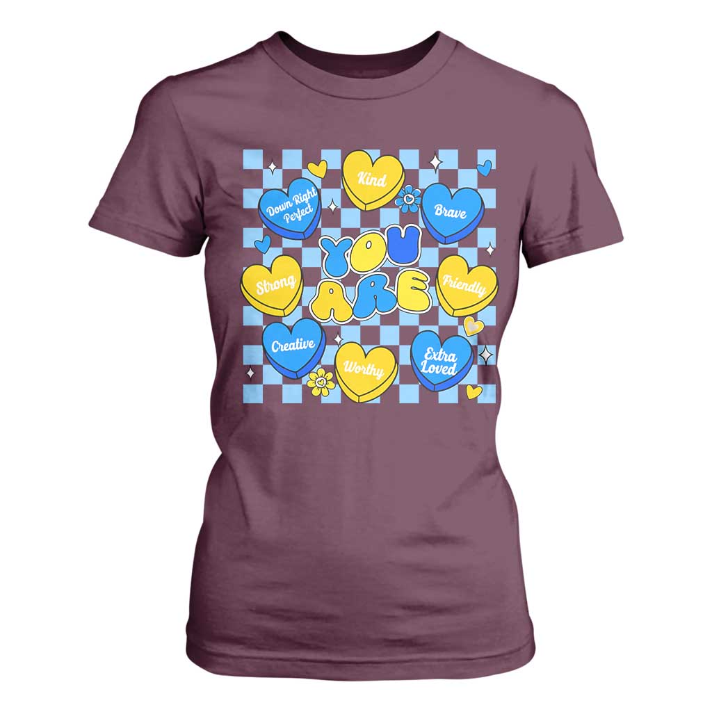 World Down Syndrome Day T Shirt For Women Blue Yellow Ribbon Retro Heart Love