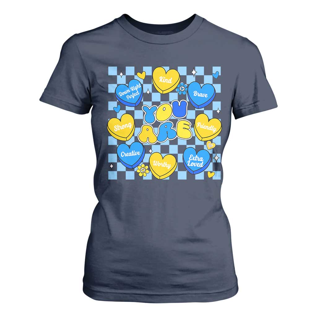 World Down Syndrome Day T Shirt For Women Blue Yellow Ribbon Retro Heart Love