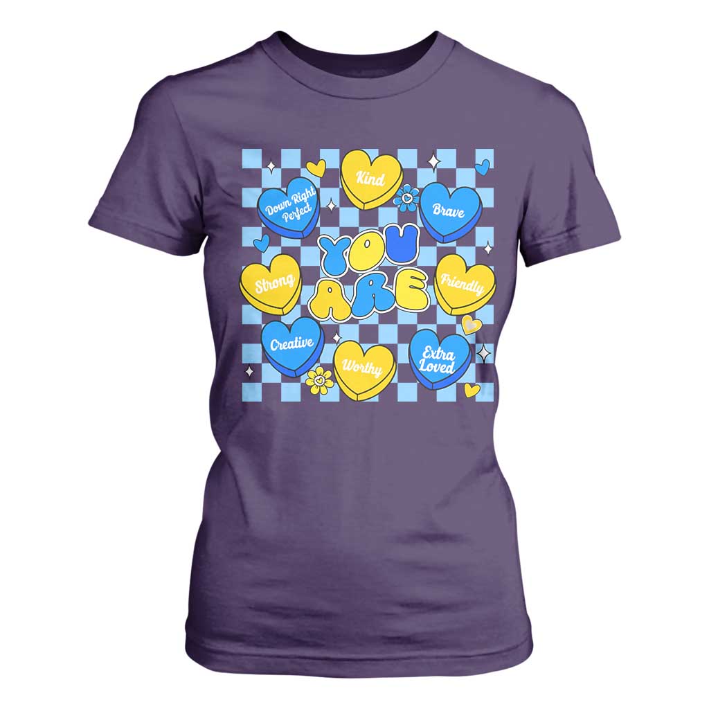 World Down Syndrome Day T Shirt For Women Blue Yellow Ribbon Retro Heart Love