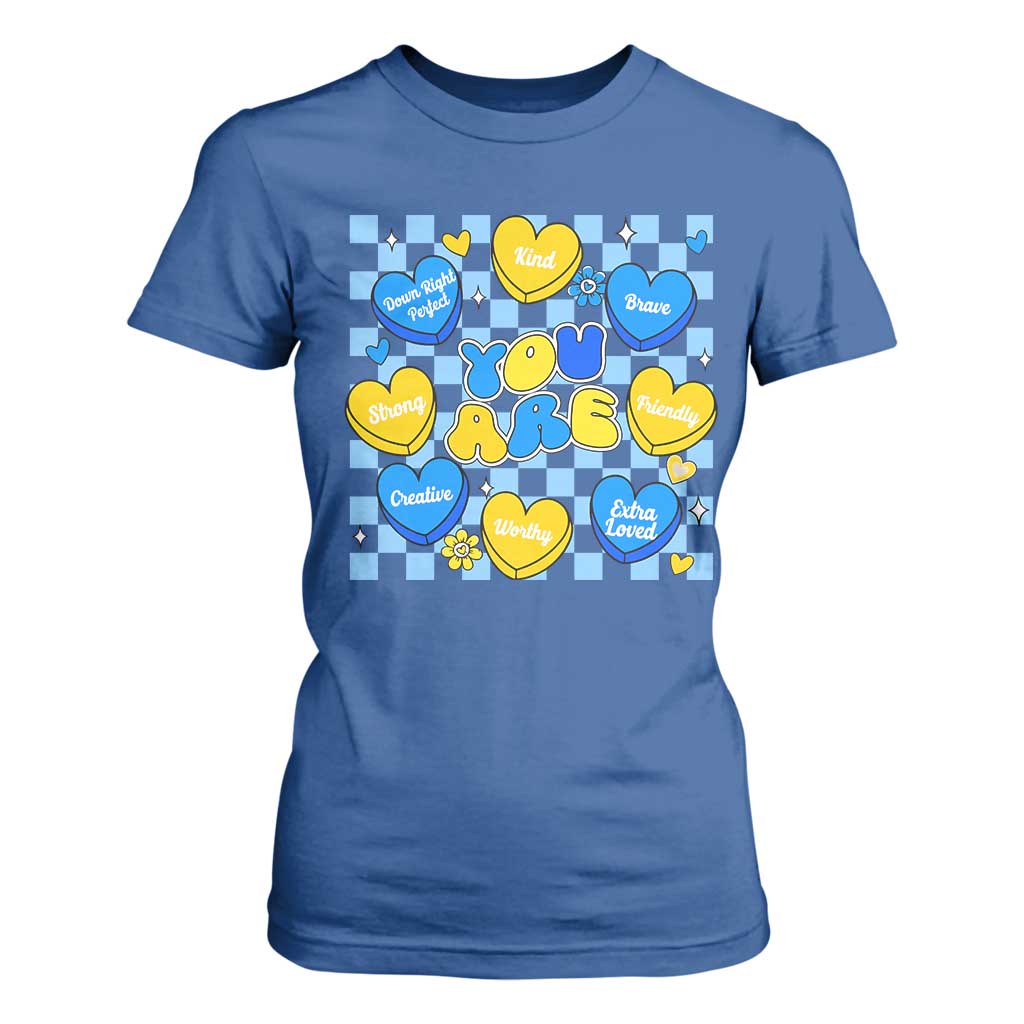 World Down Syndrome Day T Shirt For Women Blue Yellow Ribbon Retro Heart Love