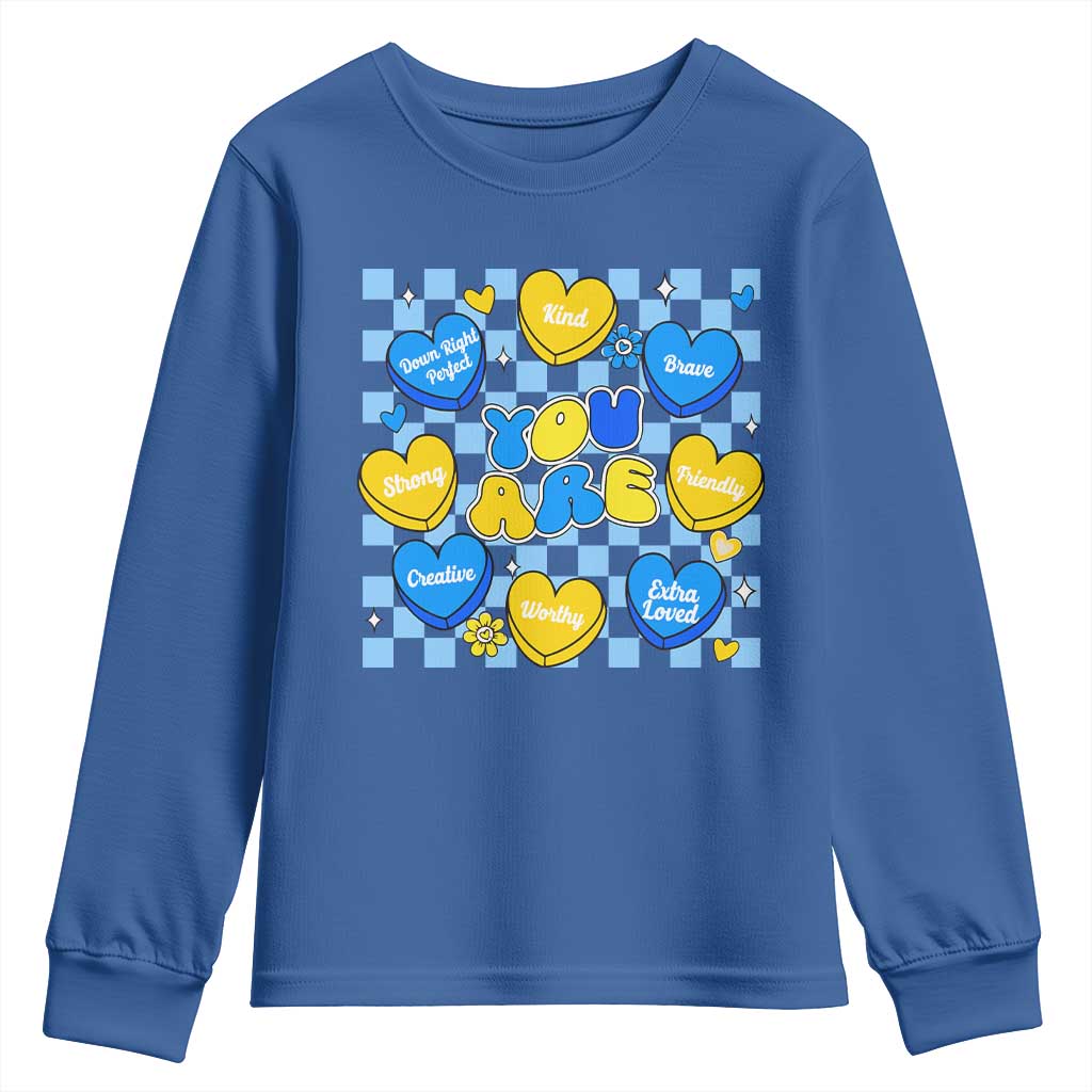 World Down Syndrome Day Youth Sweatshirt Blue Yellow Ribbon Retro Heart Love