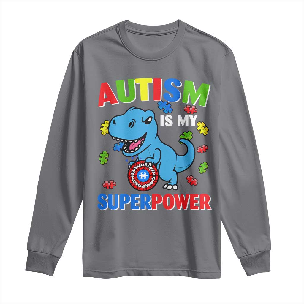 Autism Support Is My Superpower Long Sleeve Shirt Cute Dinosaur Dino Kids Boys