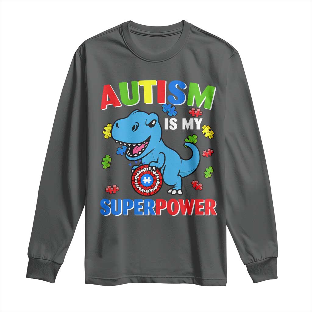 Autism Support Is My Superpower Long Sleeve Shirt Cute Dinosaur Dino Kids Boys