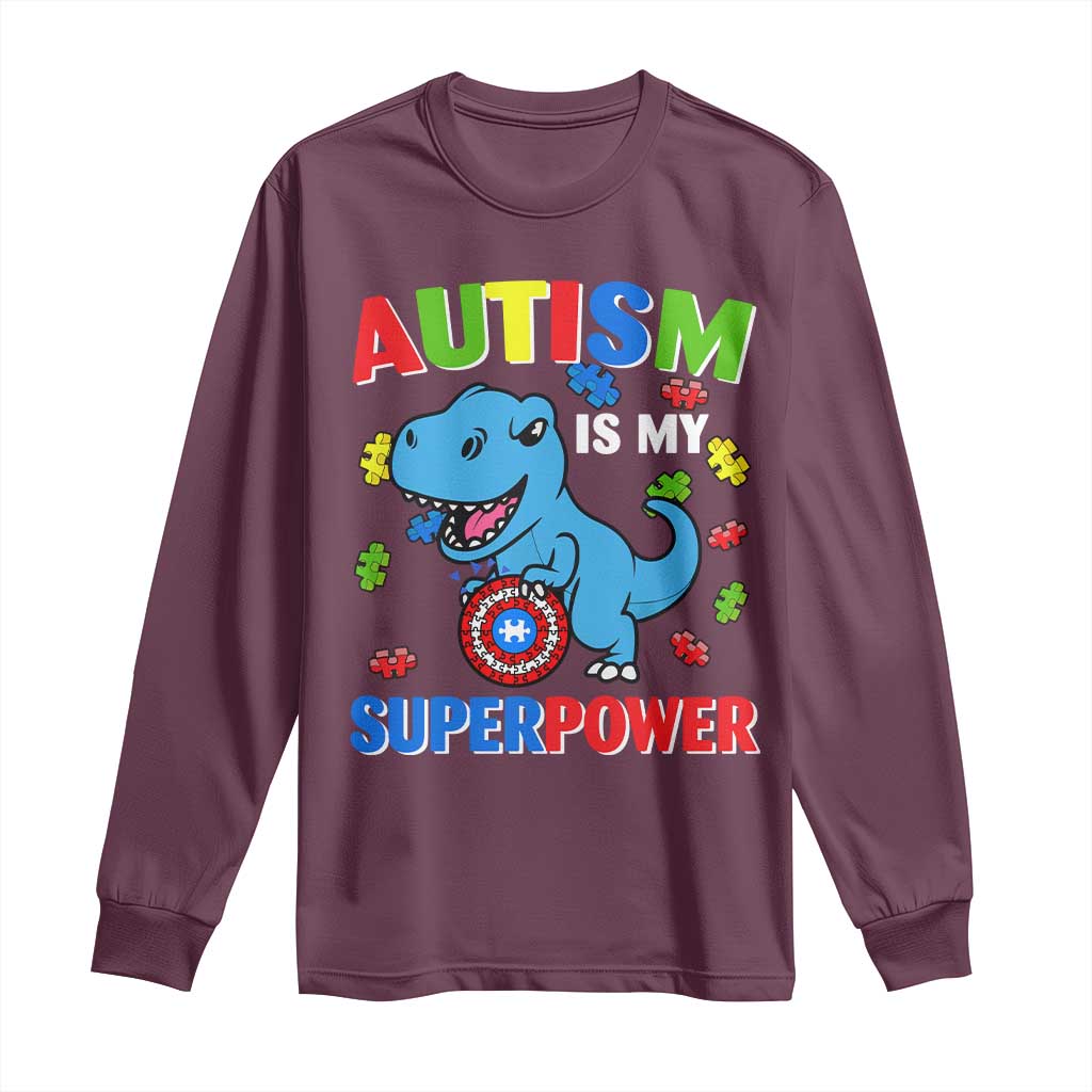 Autism Support Is My Superpower Long Sleeve Shirt Cute Dinosaur Dino Kids Boys