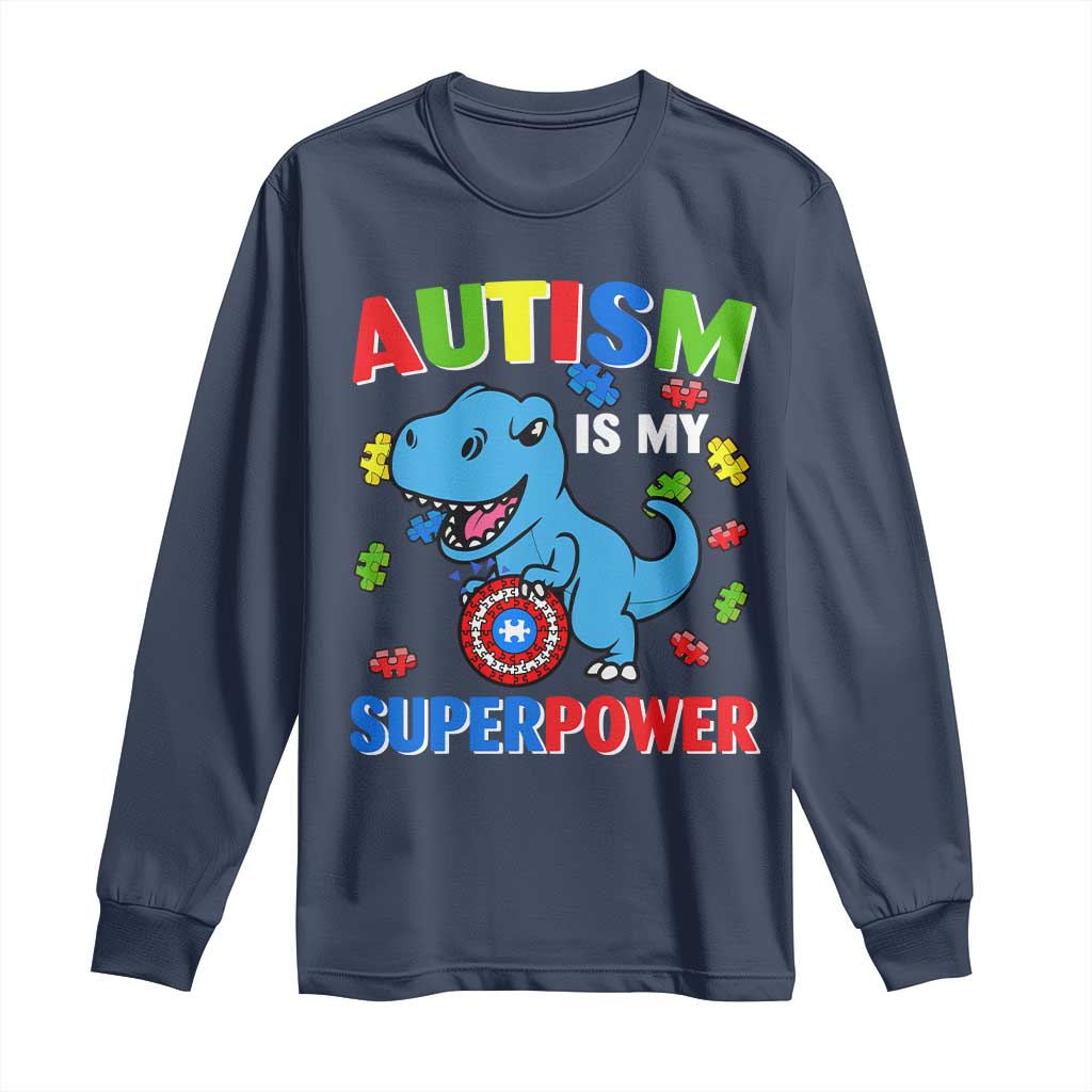 Autism Support Is My Superpower Long Sleeve Shirt Cute Dinosaur Dino Kids Boys
