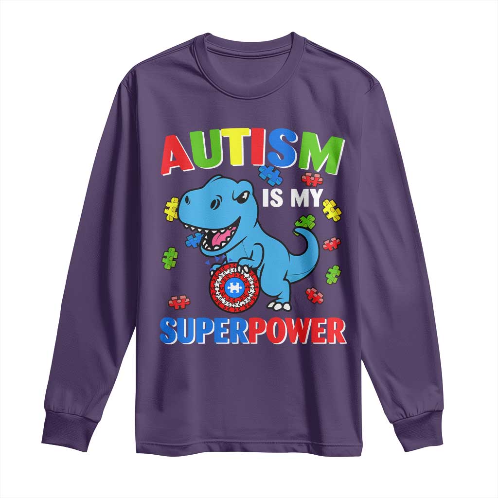 Autism Support Is My Superpower Long Sleeve Shirt Cute Dinosaur Dino Kids Boys