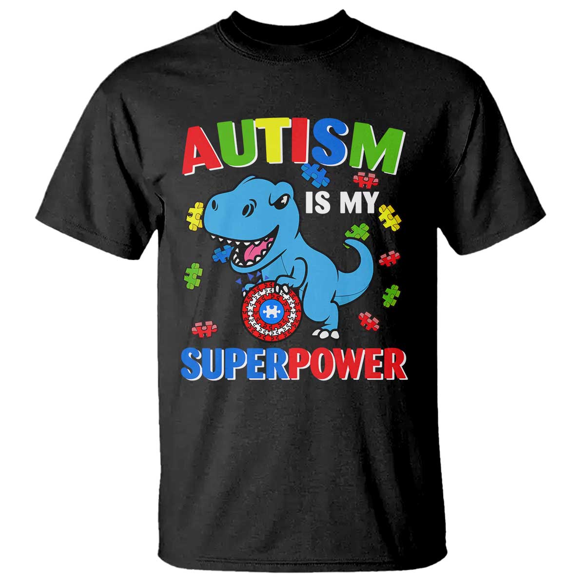 Autism Support Is My Superpower T Shirt Cute Dinosaur Dino Kids Boys