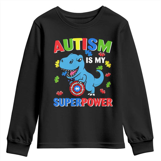 Autism Support Is My Superpower Youth Sweatshirt Cute Dinosaur Dino Kids Boys