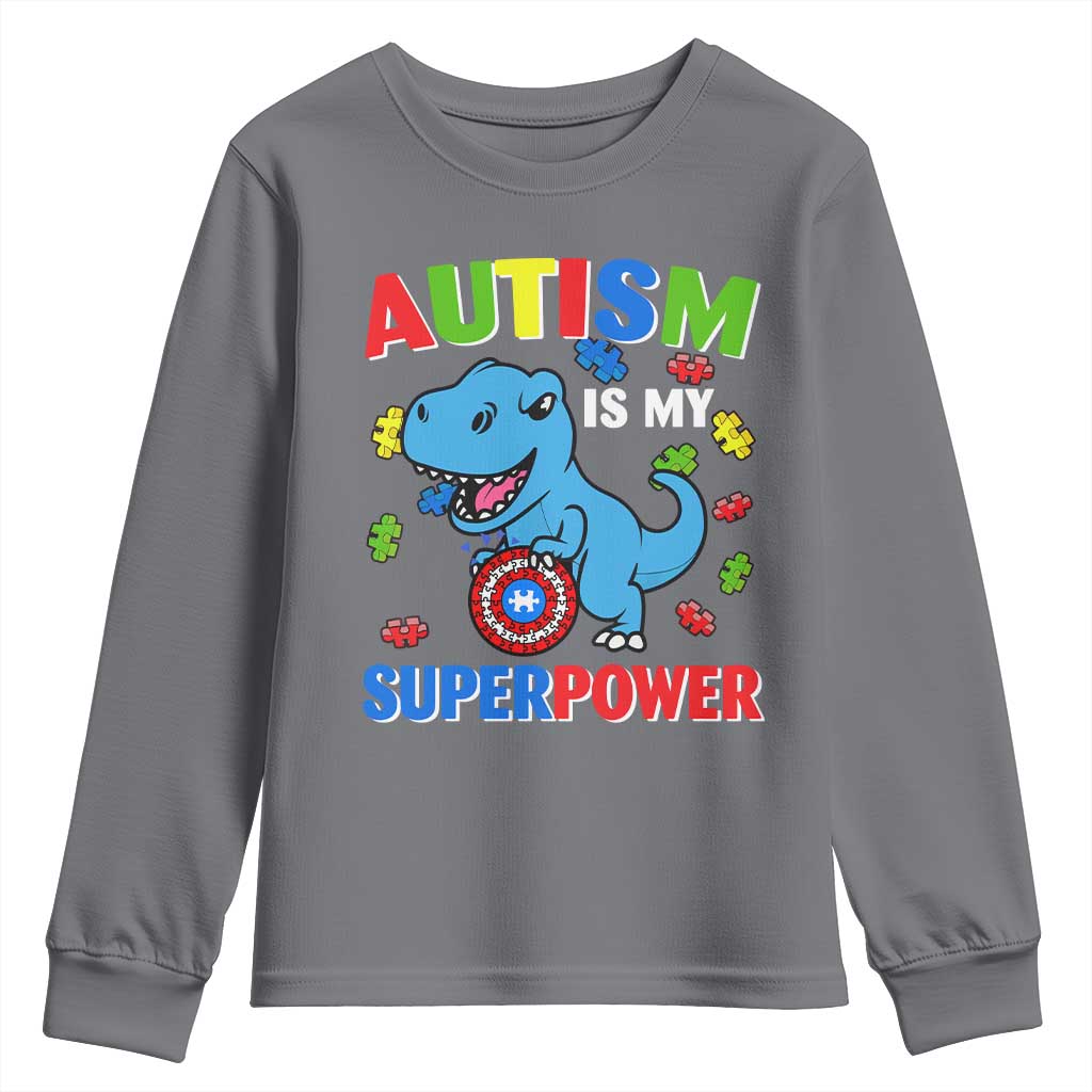Autism Support Is My Superpower Youth Sweatshirt Cute Dinosaur Dino Kids Boys