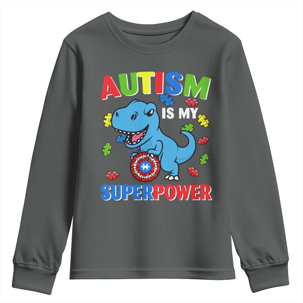 Autism Support Is My Superpower Youth Sweatshirt Cute Dinosaur Dino Kids Boys