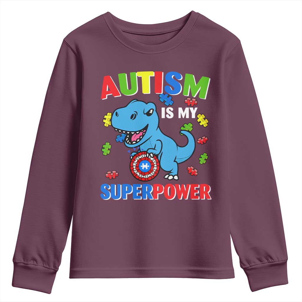 Autism Support Is My Superpower Youth Sweatshirt Cute Dinosaur Dino Kids Boys