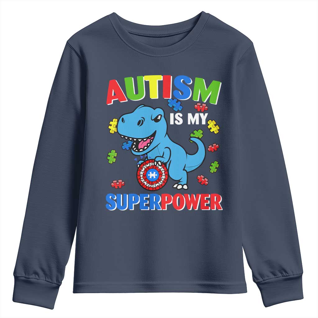 Autism Support Is My Superpower Youth Sweatshirt Cute Dinosaur Dino Kids Boys