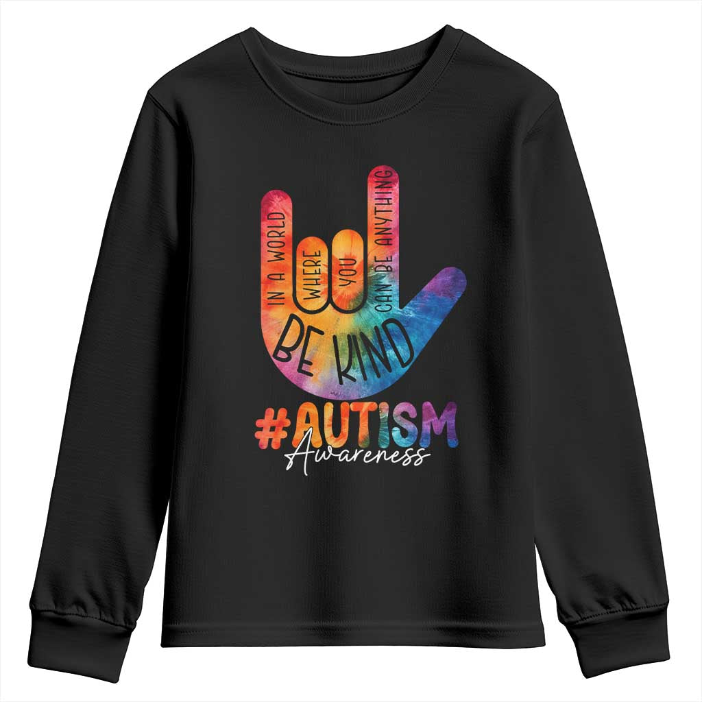 Be Kind ASL Autism Support Youth Sweatshirt Love Sign Language Hand Tie Dye