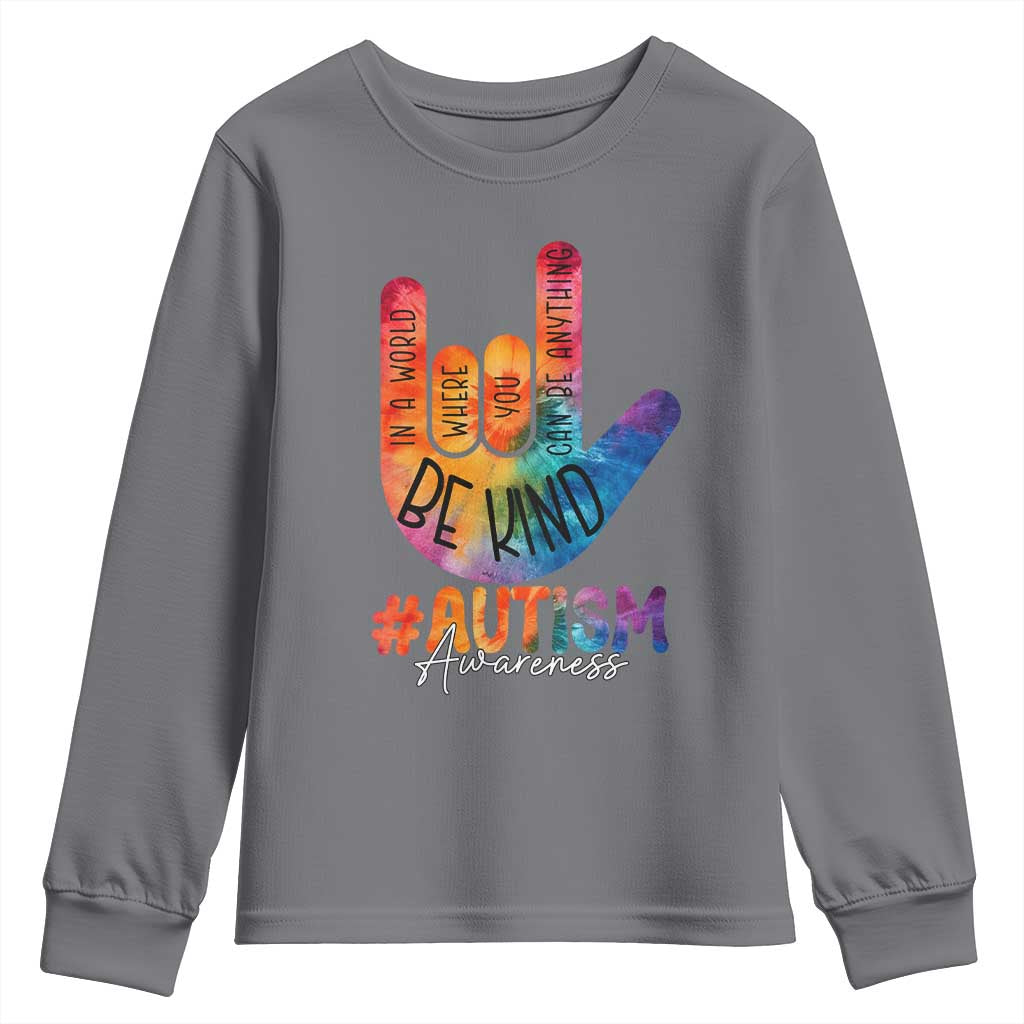 Be Kind ASL Autism Support Youth Sweatshirt Love Sign Language Hand Tie Dye