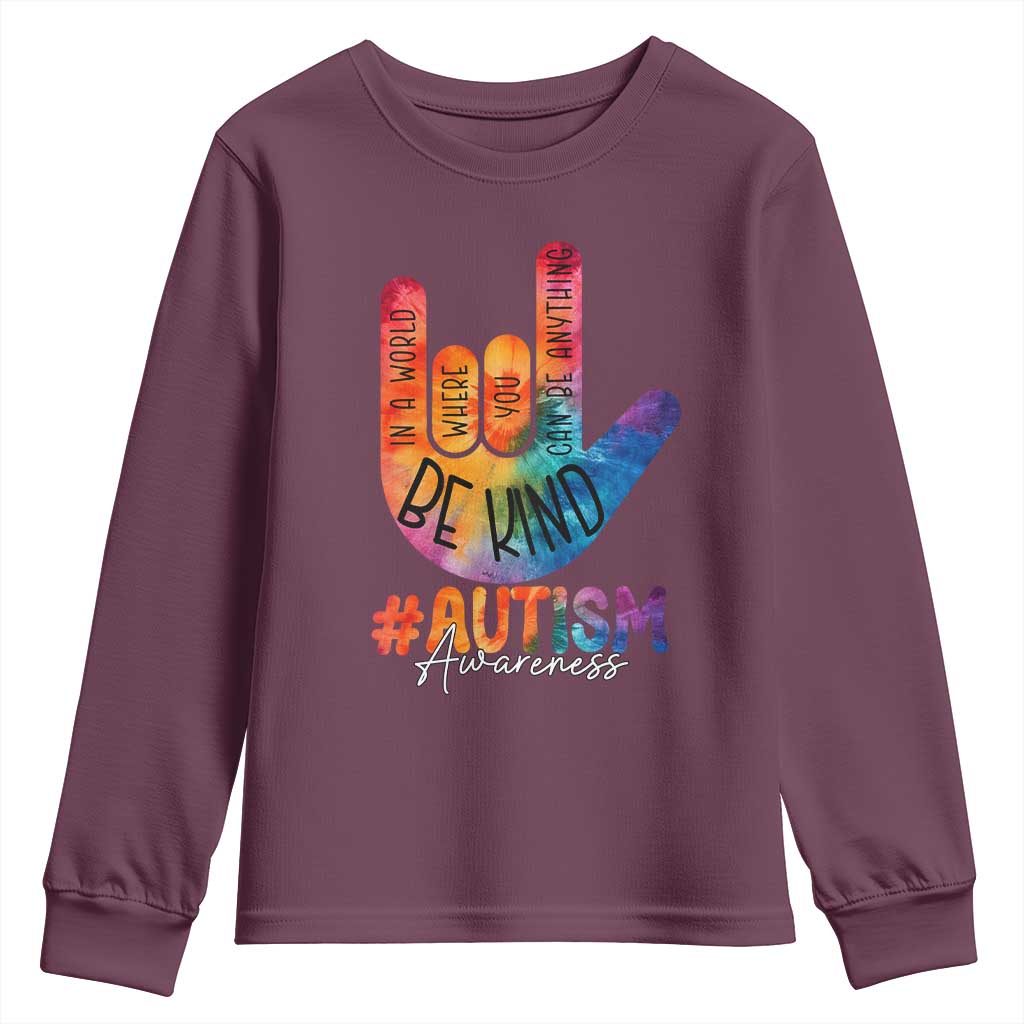 Be Kind ASL Autism Support Youth Sweatshirt Love Sign Language Hand Tie Dye