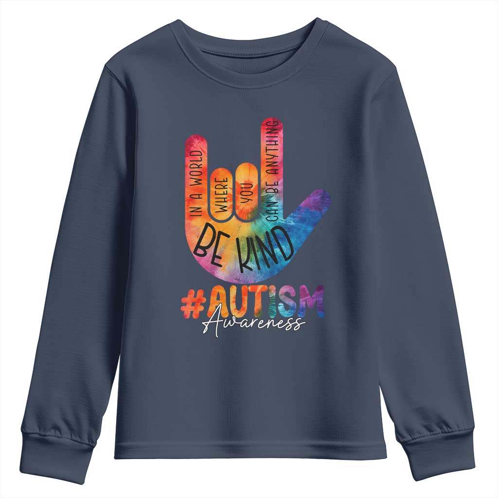 Be Kind ASL Autism Support Youth Sweatshirt Love Sign Language Hand Tie Dye