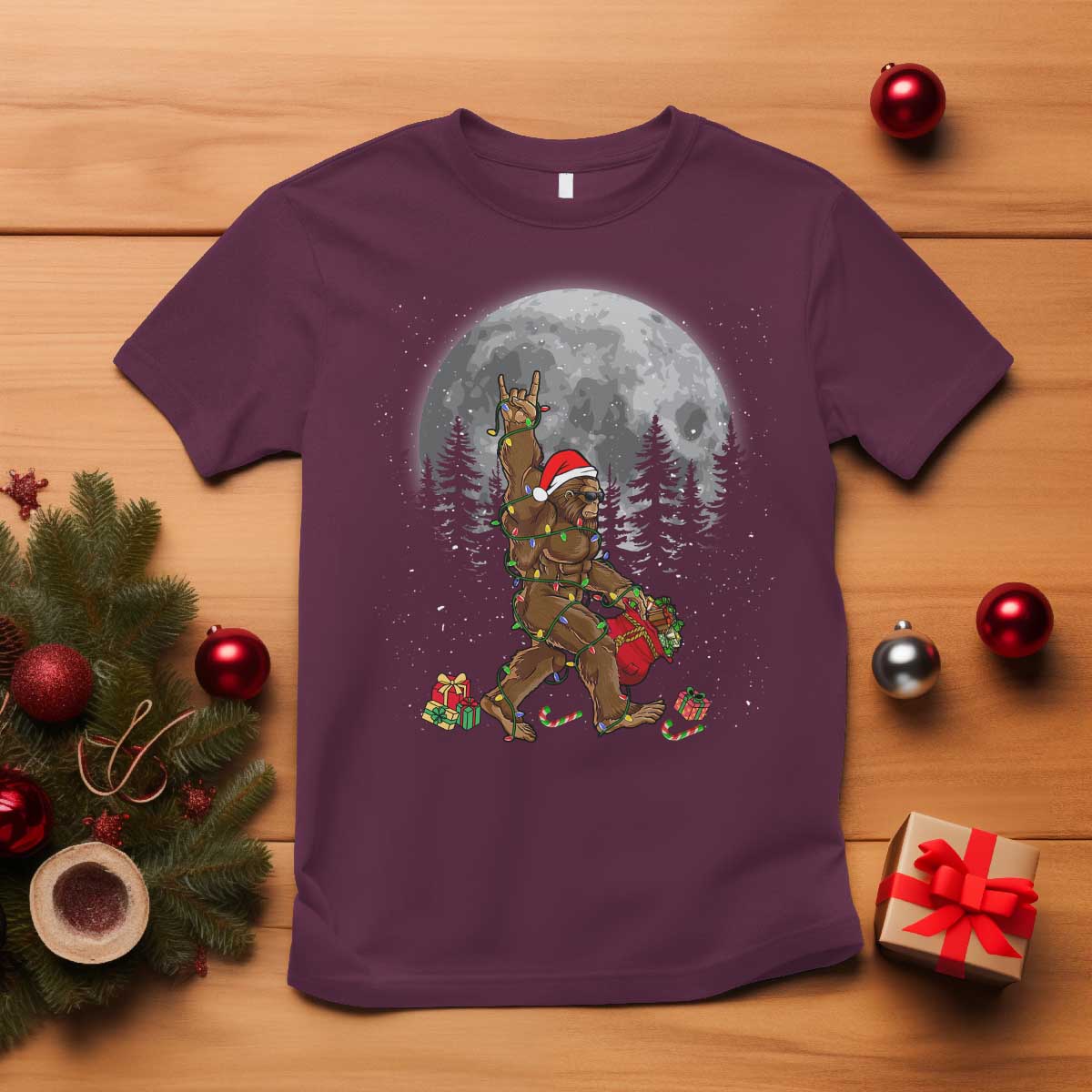 bigfoot-christmas-tree-lights-t-shirt-believe-bigfoot-santa-hat-sasquatch-loves-rock-on