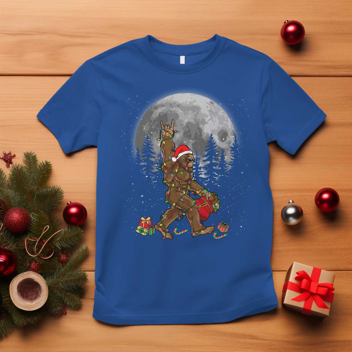 bigfoot-christmas-tree-lights-t-shirt-believe-bigfoot-santa-hat-sasquatch-loves-rock-on