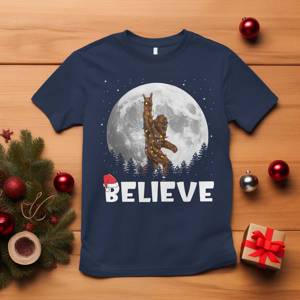 funny-bigfoot-christmas-t-shirt-cool-full-moon-trees-sasquatch-xmas-lights
